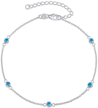 Amberta Italian Sterling Silver Anklet for Women 925 | Adjustable Ankle Bracelets for Women Beaded Heart Summer Jewellery: Blue CZ