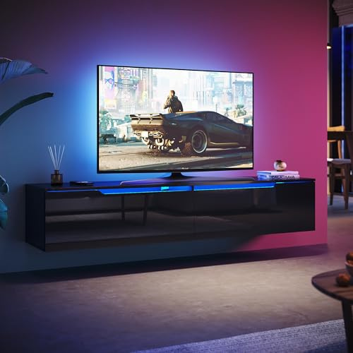 SUNXURY Meuble TV suspendu - 160 x 35 x 30 cm - Noir - Avec 16 litch RVB - Noir brillant - Avec porte d'armoire - Table TV