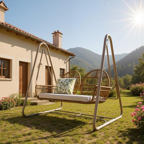 Vidacharmy Gartenschaukel, Hollywoodschaukel mit Rückenlehne, Gartenmöbel-Set für den Außenbereich,Doppelschaukel aus PE-Rattan, Brauner Sitzrahmen und beiges Kissen für Garten Balkon Veranda, Beige