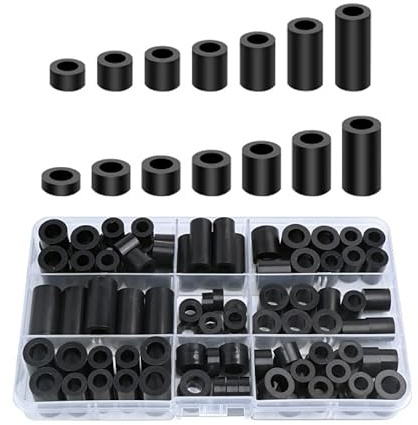100 Stück ABS Abstandshalter Kunststoff Schwarz, M6 M8 mit Aufbewahrungsbox | Größen Distanzhülsen, Isolierend, Platzsparend Sortierbar, Als Abstandshalter Geeignet für Verbindung von Leiterplatten