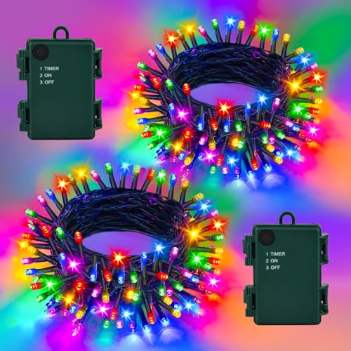 Gcstnn Lichterkette Batterie Außen, 2 Stück Insgesamt 10M 100er LED Mehrfarbig Weihnachten Lichterkette mit Timer Wasserdicht Lichterketten für Weihnachtsbaum Schlafzimmer Garten Innen Deko