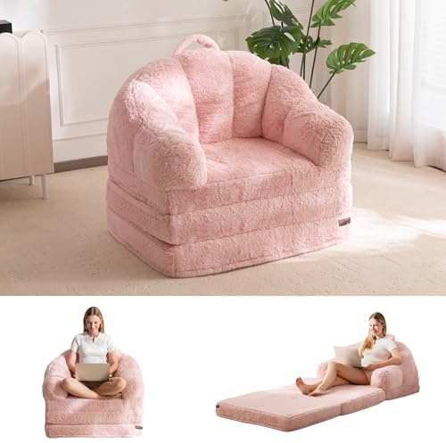 MAXYOYO Vikbar bäddsoffa, bekvämt fuskpälstyg, konvertibelt golv soffa lounge med handtag, enkel bönpåse stol för vuxna, sovstol för vardagsrum sovrum