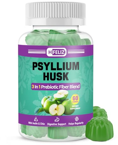 HFELIZ Psyllium Husk Gummies with Inulin Chia, 3 Prebiotic Fiber Supplement for Digestive Health and Regularity, 60 Count