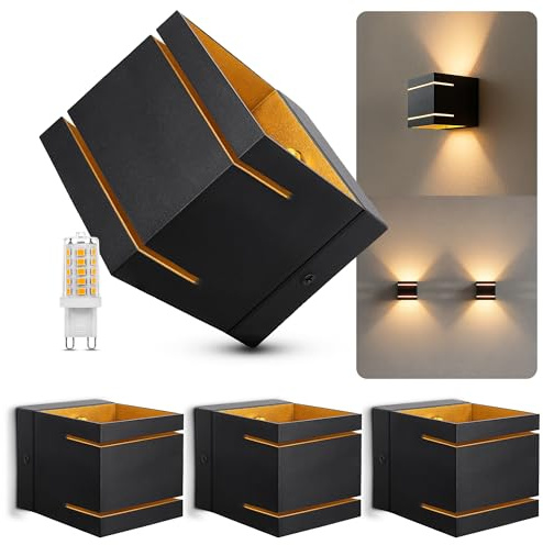 SSC-LUXon KOURA DUO Wandleuchte 4er Set schwarz-gold G9 dimmbar warmweiß | Vier Wandlampen schwarz-gold mit Lichtspalt - Up-Down-Licht dimmbar, für Wohnzimmer, Flur & Treppe, inkl. G9 LED