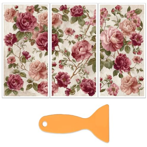 OLYCRAFT 3 x Pfingstrosen Blumen Transferfolie Zum Aufreiben Für Möbel Und Kunsthandwerk 15x30cm Große Botanische Möbelaufkleber Dekor Vintage Blumen Transferaufkleber Mit 1 Teiligem Schaber