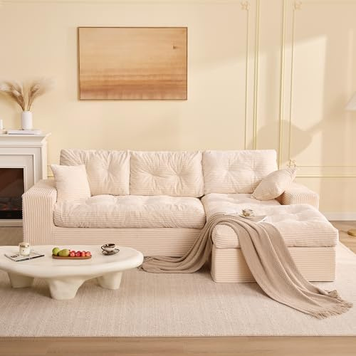 Litbird Sofá Chaise Longue 3 Plazas Modular con Puf Móvil, Pana, Beige