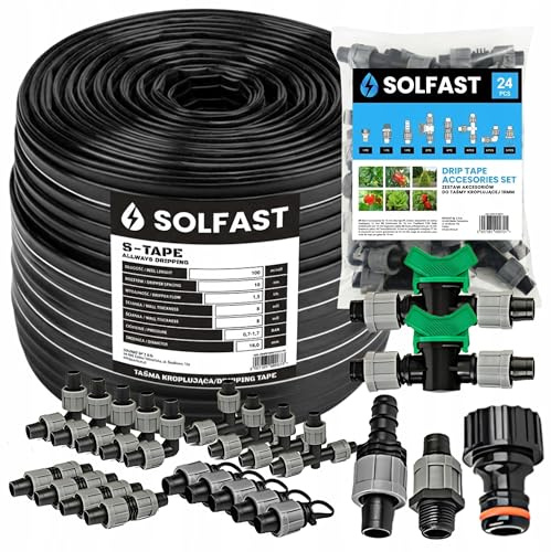 SOLFAST Tropfschlauch Set 100m 16mm 10cm Abstand 1,5L/h – Bewässerungssystem Komplettset mit Zubehör (24 Teile) – Tropfbewässerung Garten & Gewächshaus