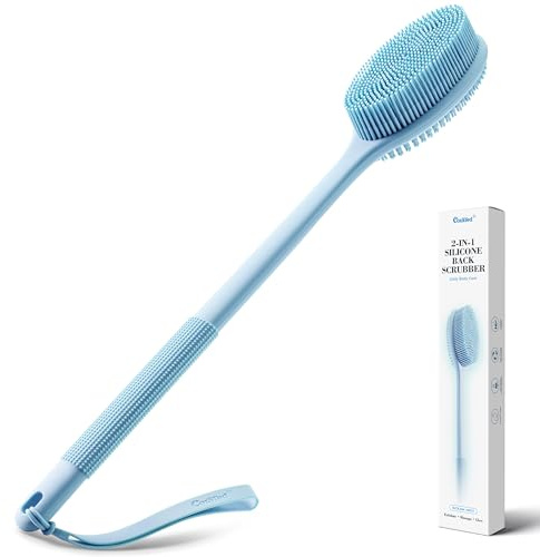 CORATED Cepillo de Silicona para Espalda con Mango Largo, Cepillo Corporal de Ducha Antideslizante, Cepillo de Baño Exfoliante Suave e Higiénico con Agujero para Colgar (Neblina del Océano)
