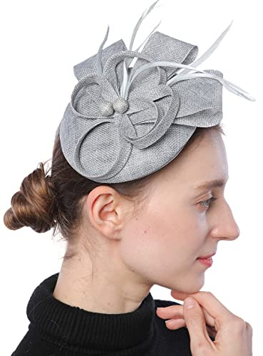 Coolwife Fascinators Sinamay Hut Damen Feder Pillbox Derby Tea Party Hut (Grau)