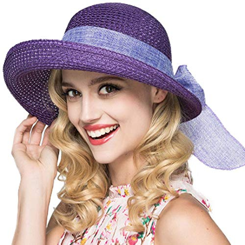 Kqpoinw Strohhut Damen, Sommerhut Damen Stroh Sonnenhut Faltbar UV Schutz Kappe Breiter Krempe Sommer Strand Hüte Outdoor Hut(Violett)