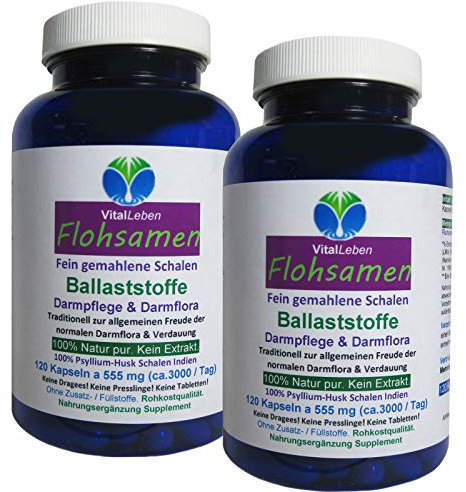 FLOHSAMEN Premium feine Flohsamenschalen INDIEN 240 (2x120) Psyllium Ballaststoff Kapseln ca. 3000 mg. Diät + Darmflora + Verdauung + Sattmacher NATUR pur. 26610-2