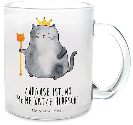 Mr. & Mrs. Panda Teetasse Katze König - Geschenk, Königin, Teeglas, Katzen, Tasse mit Henkel, Katzenmotive, Teetasse aus Glas, Kater, Queen, Glas