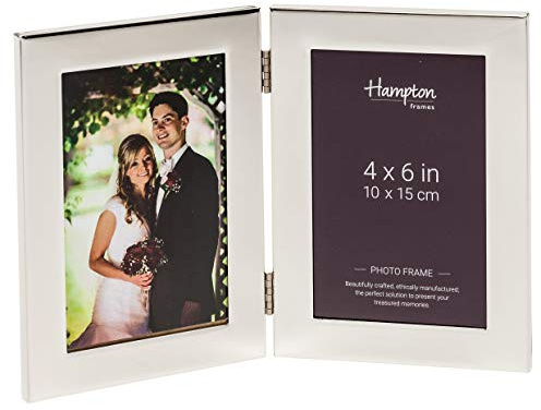 Hampton Frames | Double Photo Frame, WOBURN Model | 4x6in (10x15cm), Polished Silver Plate, Vertical, Hinged, Glass Front | Tabletop Display, Memory Keepsake