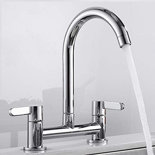 Kitchen Sink Deck Mixer Taps 360° Swivel Spout Chrome Basin Faucet Modern Dual Lever Chrome Brass Monobloc Durable Elegant Ceramic Low Water Pressure 2 Hole Bar Sink Taps UK Standard(Electroplate)