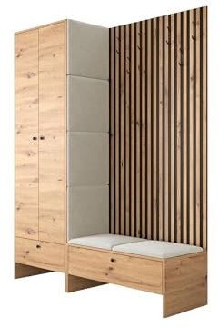 Mirjan24 Garderoben-Set Melire III, Kleiderschrank Schuhschrank Lamellen Paneel mit Kleiderhaken Gepolstertes Paneel/Wandpaneel Kleiderstange Wandgarderobe Flurgarderobe (Eiche Artisan, Manila 02)