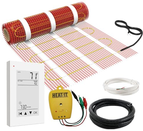 HEATIT Warmmat - Sistema di riscaldamento elettrico a pavimento autoadesivo radiante e termostato ET-72 e monitor di allarme, 25 m²