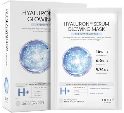 #OOTD Triple Hyaluron Hydrating Mask for Dry and Sensitive Skin, Anti Aging, Tightening and Moisturizing, Korean Vegan Beauty, Hyaluronic Acid, Caffeine, Vitamin C 10EA