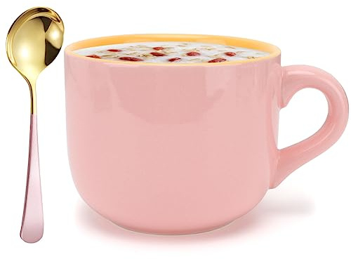 Umllpet stor kopp, 600 ml stor keramisk kaffekopp, müsliskålar XXL kopp tekopp med sked, müsli mugg kopp, stor soppor ramen sallad skål, påsk födelsedagspresent – rosa