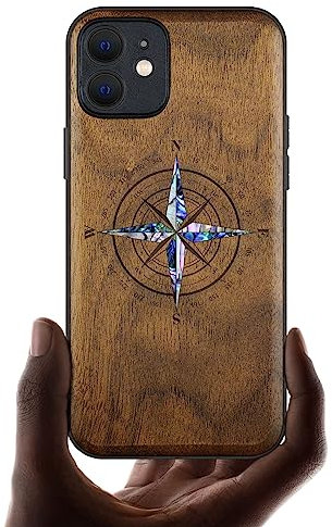 Carveit Coque magnétique pour iPhone 12 Étui de Protection TPU Coque [Gravure en Bois et Incrustation de Coquille] Compatible avec 12 Magsafe Artistique Coque (Noyer-Boussole Coquille)