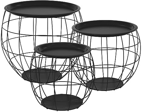 ML-Design Beistelltisch 3er Set, rund, Schwarz, Metallkörbe Couchtisch 3 Größen Ø31cm/Ø38cm/Ø47cm, Metall, abnehmbarer Tischplatte, Stauraum, 3-tlg. Wohnzimmertische Sofatische Kaffeetische Satztische