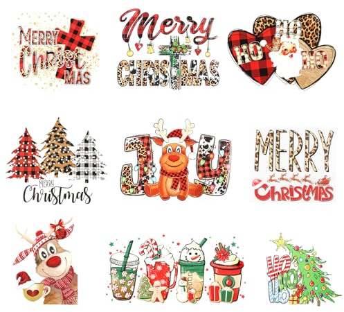 9 Stück Weihnachts Aufnäher zum Aufbügeln für Kleidung, Groß Patches zum Aufbügeln Weihnachten Weihnachtsbaum Elch Weihnachtsmann-Muster Wärmetransfer Vinyl für T-Shirts Hoodies Taschen