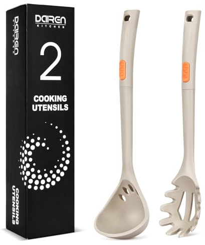 Große Silikon-Nudelgabel und Schöpflöffel, 2 Stück, Khaki | Antihaftbeschichtete Küchenutensilien zum Kochen, Rühren, einteiliges Servieren von Spaghetti, Suppe, Sauce