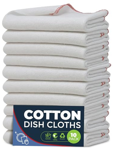 Towelogy Dish Towels 10 Pack - 38 x45cm Extra Large Cotton Dishcloths Commercial Grade Kitchen Cloths (White/Red Bordered, 10)
