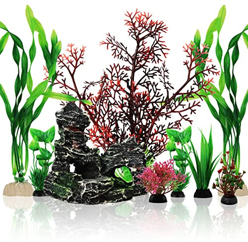 QUOZUO 9 Stück Aquarium Pflanzen Deko, künstliche aquariumpflanzen, plastikpflanzen Dekoration mit Höhle Ornament Verstecke Fuer Aquarium, Aquariumdekor