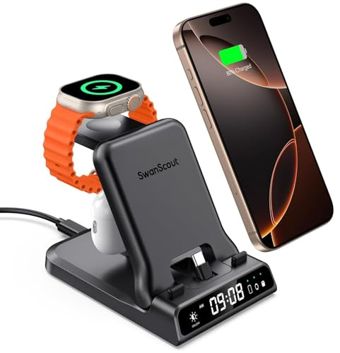 USB-C Ladestation für iPhone Air/17 Pro Max/17 Pro/17/16/15, 25W 3-in-1 Ladestation für Apple Watch 11/Ultra 3/SE 3/10/9/8/7/6/5/4/Ultra 2, SwanScout 701AC (USB-C Anschluss)