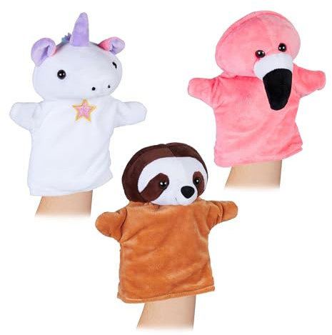 Relaxdays Handpuppen für Kinder, 3er Set Tiere, Einhorn, Faultier, Flamingo, Handspielpuppen, weicher Plüschstoff, bunt