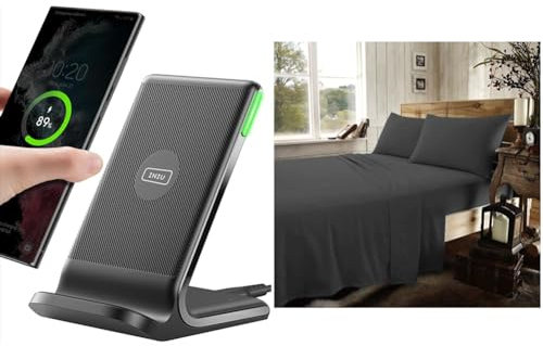 INIU Wireless Charger, 15W Fast Wireless Charging Stand Qi Certified Sleep-friendly Adaptive Light & GC GAVENO CAVAILIA Brushed Cotton Fitted Sheets Double, Thermal & Warm Flannel Bed Sheet