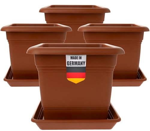 LIVINJA Terracotta Pflanzkübel Eckig 28x28 4er Set - Robuster Blumentopf GroÃŸ, Ãœbertopf Ideal für Tomatenpflanzen, Eckige Pflanztöpfe Kunststoff für Garten & Balko