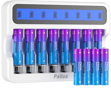 Pallus AAA Lithium Rechargeable Battery, 1100mWh High Capacity Triple A Rechargeable Li-Ion Batteries, 12 Pack 1.5V AAA Lithium Battery With 8-Slot White Charger