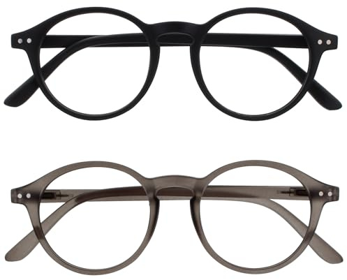 OPULIZE REY Lesebrille - 2er-Pack - Runder Retro-Rahmen - Mattschwarz, Grau - Herren Damen - Federscharniere - RR56-17 - +1.00