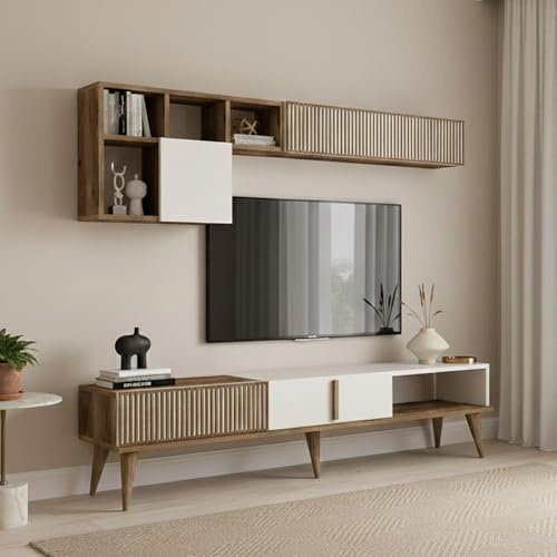 Dmora - Parete attrezzata Kepler, Composizione Soggiorno, Mobile Salotto Multiuso, Armadio Porta TV, 180x35 h40 cm, Noce e Crema