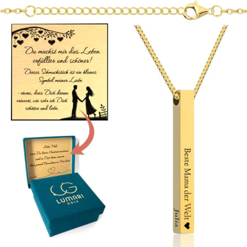 Lumari Gold Personalisierte Säulen Halskette mit Gravur – Namenskette mit Wunschtext, Initialen oder Datum – Edelstahl Kette – Geschenk für Damen und Herren