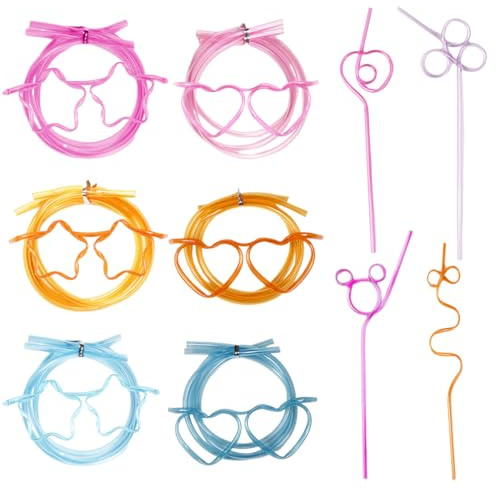 QOCUILC 6er Set Strohhalm-Brillen & 4 Dekorative Plastik-Trinkhalme | Wiederverwendbar für Party & Cocktails | Bunte Formen für Kinder & Erwachsene | Nachhaltiges Paryzubehör für Geburtstage