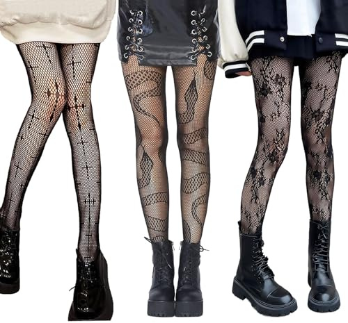 MADGININE 3 Pcs Printed Fishnet Tights - Black Lace Tights with Snake Pattern for Night Club, Party, Cosplay and Daily Wear