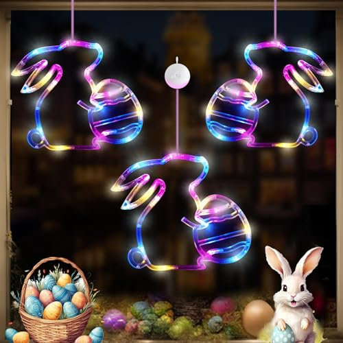 OKESYO Osterdeko Led Fenster Licht, 3 Stück Led Osterhase zum Aufhängen, Osterdeko LED Lichterkette mit Saugnäpfe, Osterhase Fensterbeleuchtung für Outdoor Innen Zimmer Wohnzimmer