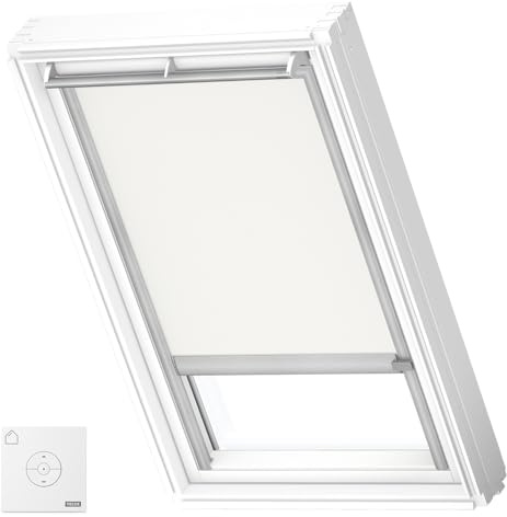 VELUX Solar Verdunkelungsrollo, graue Schienen, PK08, Weiß | Solarbetrieb, Fernbedienung, stufenlose Anpassung