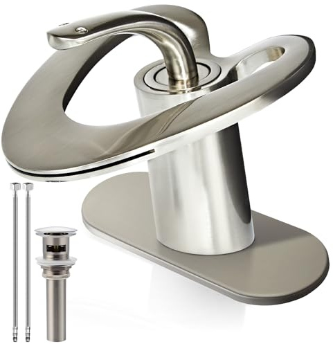 Brushed Nickel Bathroom Faucet, Waterfall Single Handle Bathroom Faucets, Unique Single Hole Faucet with Deck Plate for 3 Hole Bathroom Sink