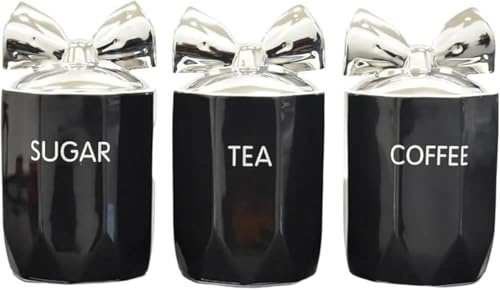 Kitchen Storage Jars, Ceramic Tea Coffee Sugar Canisters with Silver Bow Lid, 15 x 11 cm, 3-Piece Set (Black)