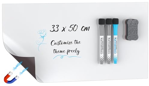 Uniclife 33 x 50 cm Planche Magnétique pour Réfrigérateur, Tableau Blanc Effaçable Magnétique pour Frigo, Grande Feuille de Tableau Blanc avec 3 Marqueurs et 1 Effaceur, Surface Cuisine Bureau Maison