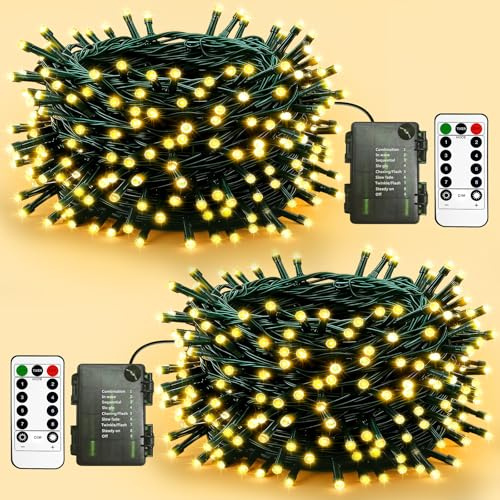 litogo 2 Pack Fairy Lights Battery Operated with Remote, 5M 50LED Timer Christmas String Lights Battery Powered, 8 Mode Waterproof Outdoor Xmas Light for Outside Tree Garden Indoor Decor, Warm White