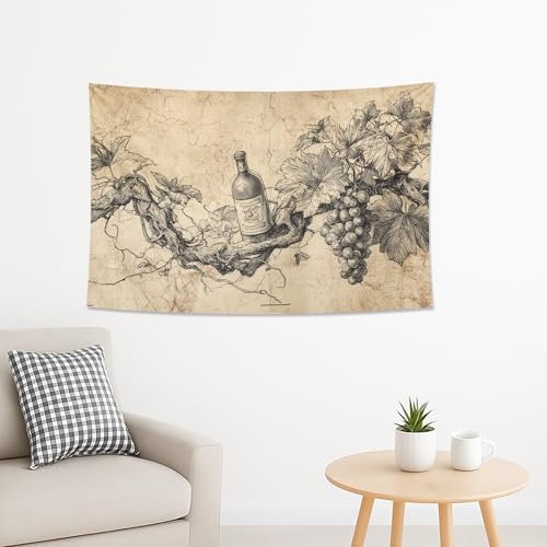 Grape Vine Wine Bottle Tapestry, Rustic Beige Wall Art for Home Decor, Vintage Botanical Tapestry Aesthetic for Living Room, Dining Room, Kitchen 60x50 Inch