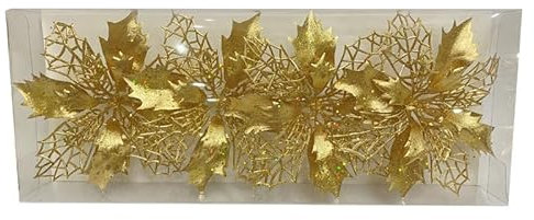 Adornos de árbol de Navidad con purpurina dorada y hojas de acebo artificiales, flores de Pascua artificiales, adornos de árbol de Navidad de 7.87 pulgadas de ancho, guirnalda metálica para regalo de