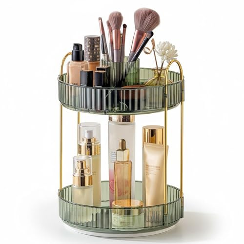 SHANNA Make Up Kosmetik Organizer: 360° Drehung, 2-stufige Große Kapazität Make-Up-Aufbewahrung, Multifunktionales Rundes Drehregal für Hautpflege, Kommode, Badezimmerablage (Grün-A)