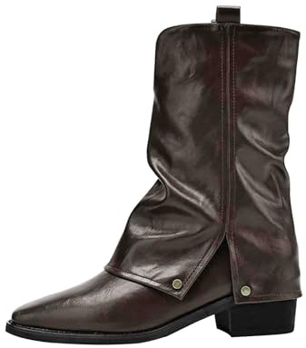 FGUUTYM Bottes western de cowboy en cuir avec talon bloc - Bottines pour femme avec talon pointu - Tige courte - Bottes en cuir rabattables - Bottes à enfiler - Bottes traditionnelles, marron, 39 EU