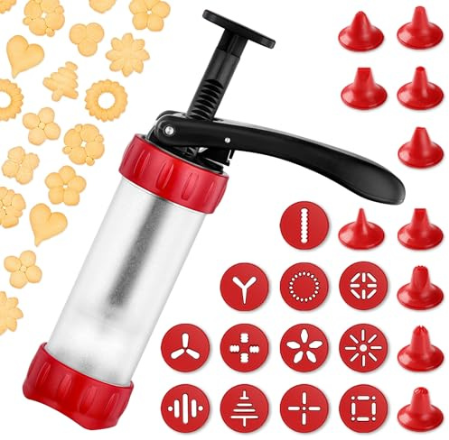 Cookie Press Set, Churro Maker with 12 Discs and 10 Cake Decorating Tips, Cookie Press for Biscuit and Churro, Red