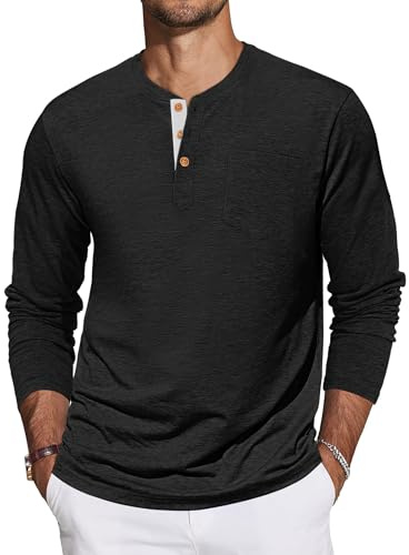 TARAIYAYA Henley-t-shirt för män, långärmad bomull, M-4XL | 95 % bomull, 5 % elastan, med bröstficka och kontrastknappslå, enfärgad, normal passform, alla årstider